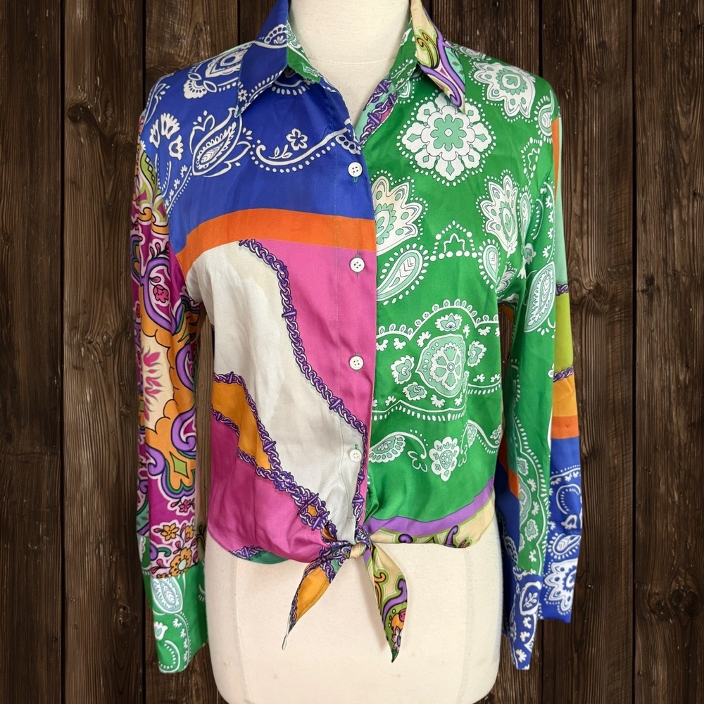 Zara Front Tie Patchwork Cropped Shirt Sz M Sexy Vibrant Art‎ to Wear Colors Top